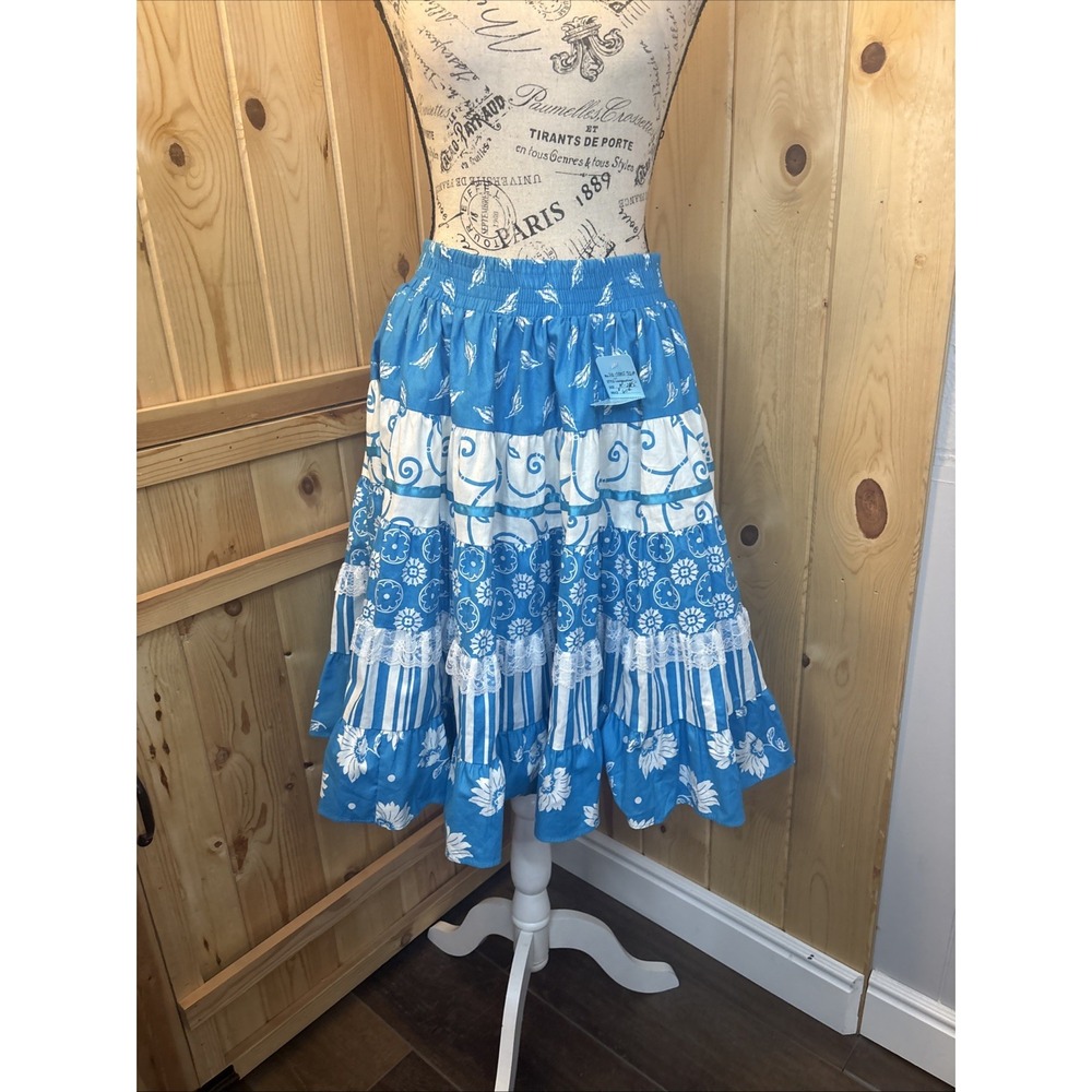 NWT Square Up Western Circle Skirt Blue Floral Lace Ribbon Medium  USA